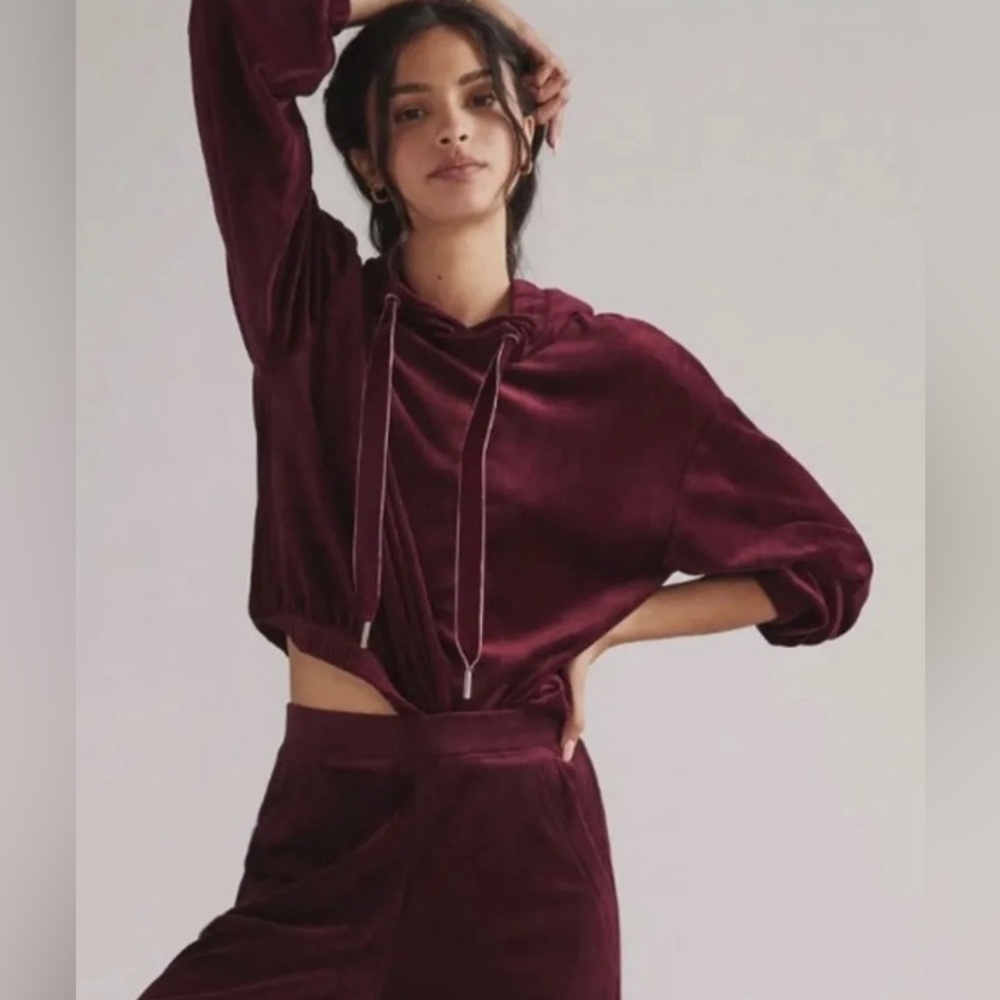 Anthropologie Daily Practice Maroon Oversized Velour Hoodie